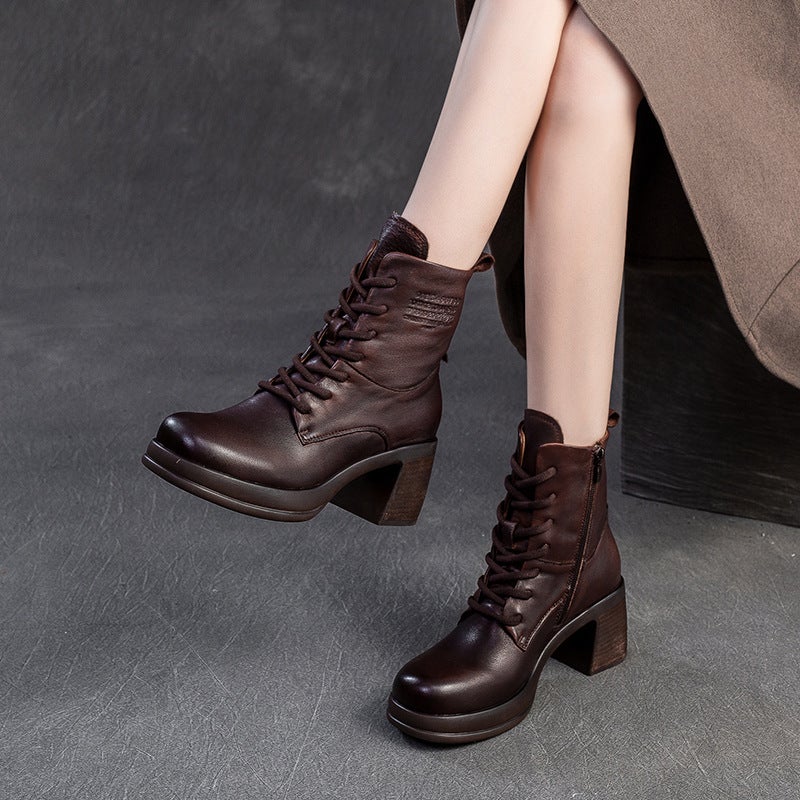 Shanghai Jietu 2024 Winter New High-Top Thin Boots Lace-Up Side Zipper Round Toe Martin Boots Fisherman Boots Short Boots - Image 3